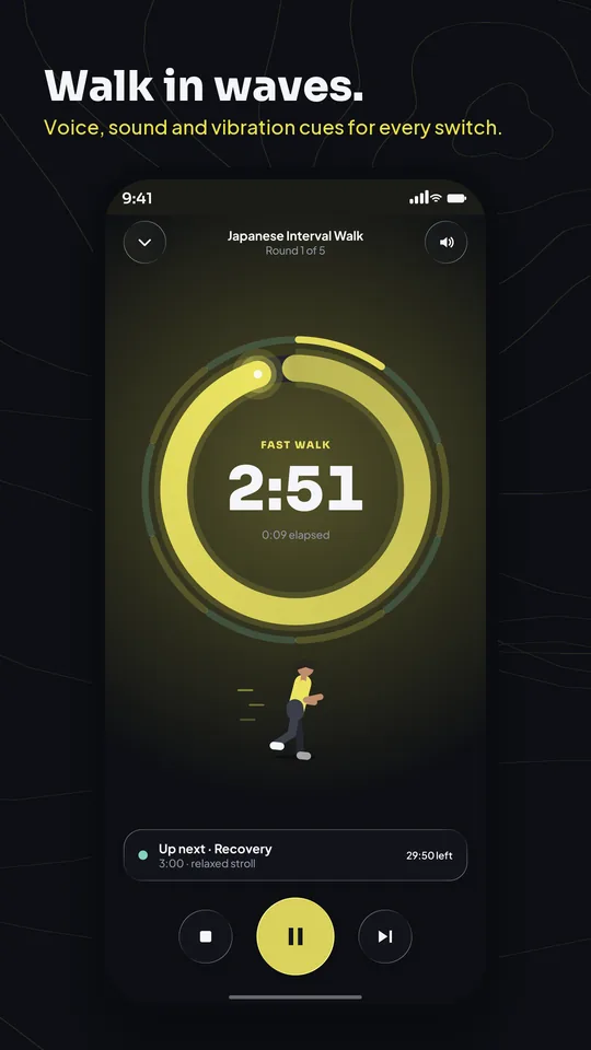 Pace Pulse workout screen with a fast walk ring timer at 2:51