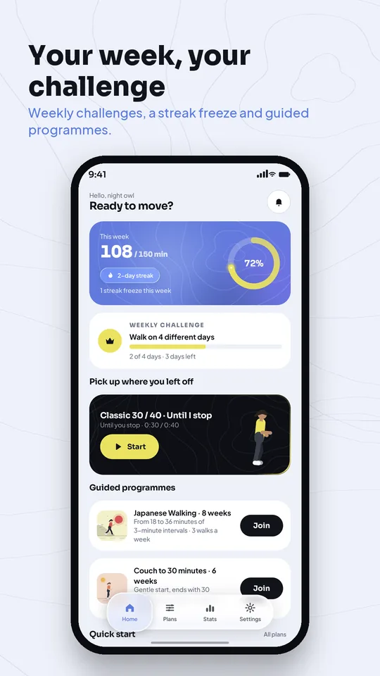 Pace Pulse home screen with weekly goal ring and challenge