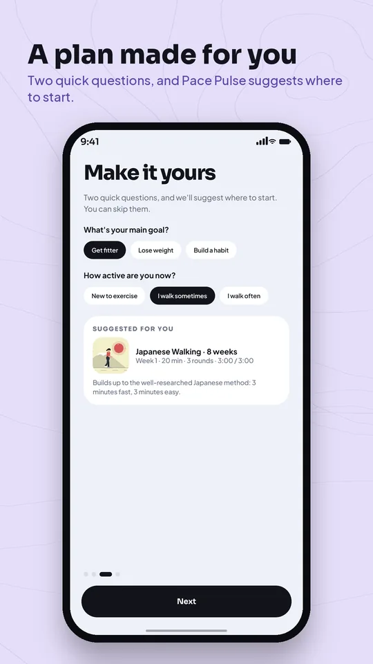 Onboarding that suggests a walking plan